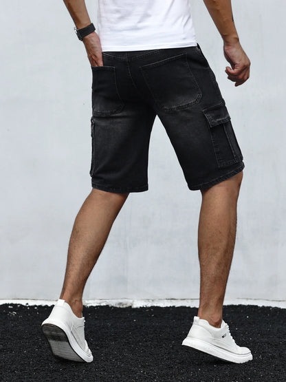 Men's Stretch Denim Shorts - Multi-Pocket Casual Streetwear with Knee-Length, Machine Washable Everyday & Formal Shorts for Urban Outfits - Non-See-Through Denim Construction