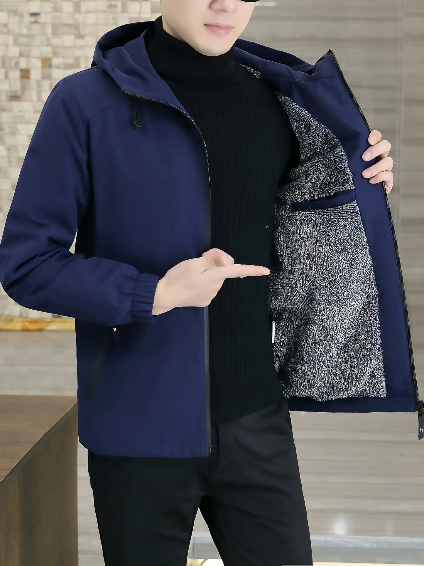 Men'S Heavy-Duty Fleece Jacket - Windproof Zip-Up Coat with Full-Zip Closure, Hooded Winter Coat for Cold Weather, Non-Stretch Fabric for Everyday & Formal Events