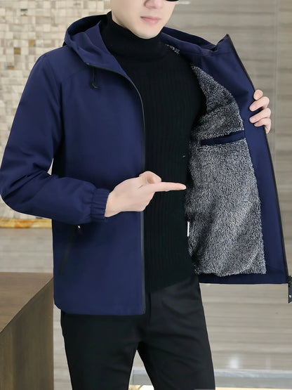 Men'S Heavy-Duty Fleece Jacket - Windproof Zip-Up Coat with Full-Zip Closure, Hooded Winter Coat for Cold Weather, Non-Stretch Fabric for Everyday & Formal Events