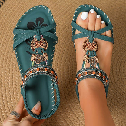 Women's Elegant Rhinestone Butterfly Flat Sandals - Comfortable Slip-On with Secure Elastic Strap for Summer - Montero Milan