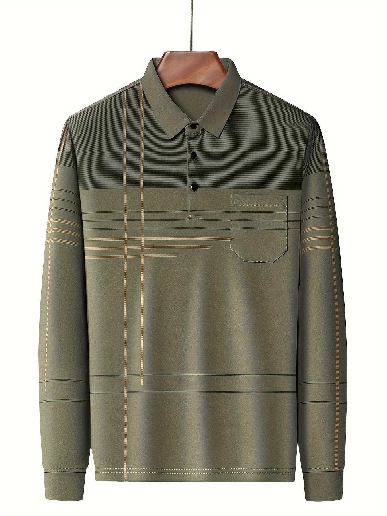 Men's Vintage-Inspired Striped Shirt with Chest Pocket - Breathable, Long Sleeve, Button Detail for Golf & Outdoor Activities