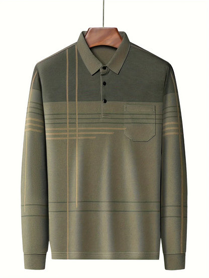 Men's Vintage-Inspired Striped Shirt with Chest Pocket - Breathable, Long Sleeve, Button Detail for Golf & Outdoor Activities