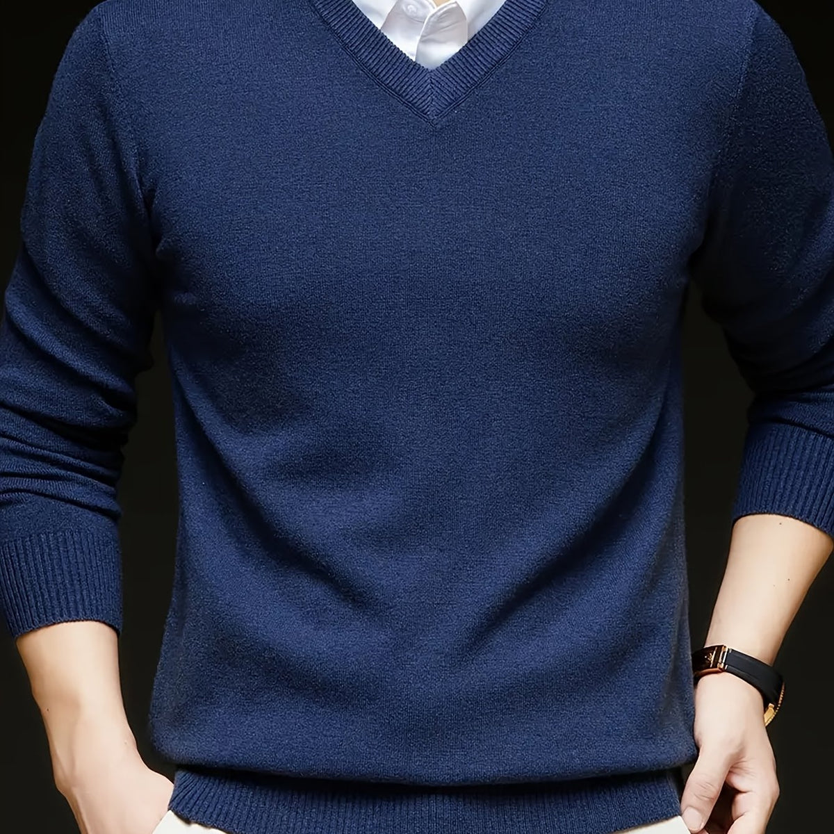 Cross-Border New Autumn Winter Men'S Solid Color V-Neck Knit Sweater Pullover (Men'S Warm Top) - Navy Color / NZ 36