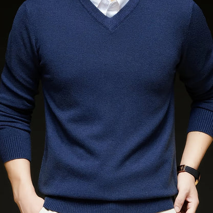 Cross-Border New Autumn Winter Men'S Solid Color V-Neck Knit Sweater Pullover (Men'S Warm Top) - Navy Color / NZ 36