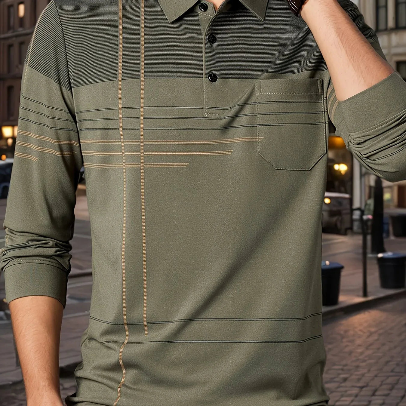 Men's Vintage-Inspired Striped Shirt with Chest Pocket - Breathable, Long Sleeve, Button Detail for Golf & Outdoor Activities