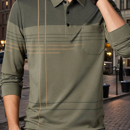 Men's Vintage-Inspired Striped Shirt with Chest Pocket - Breathable, Long Sleeve, Button Detail for Golf & Outdoor Activities