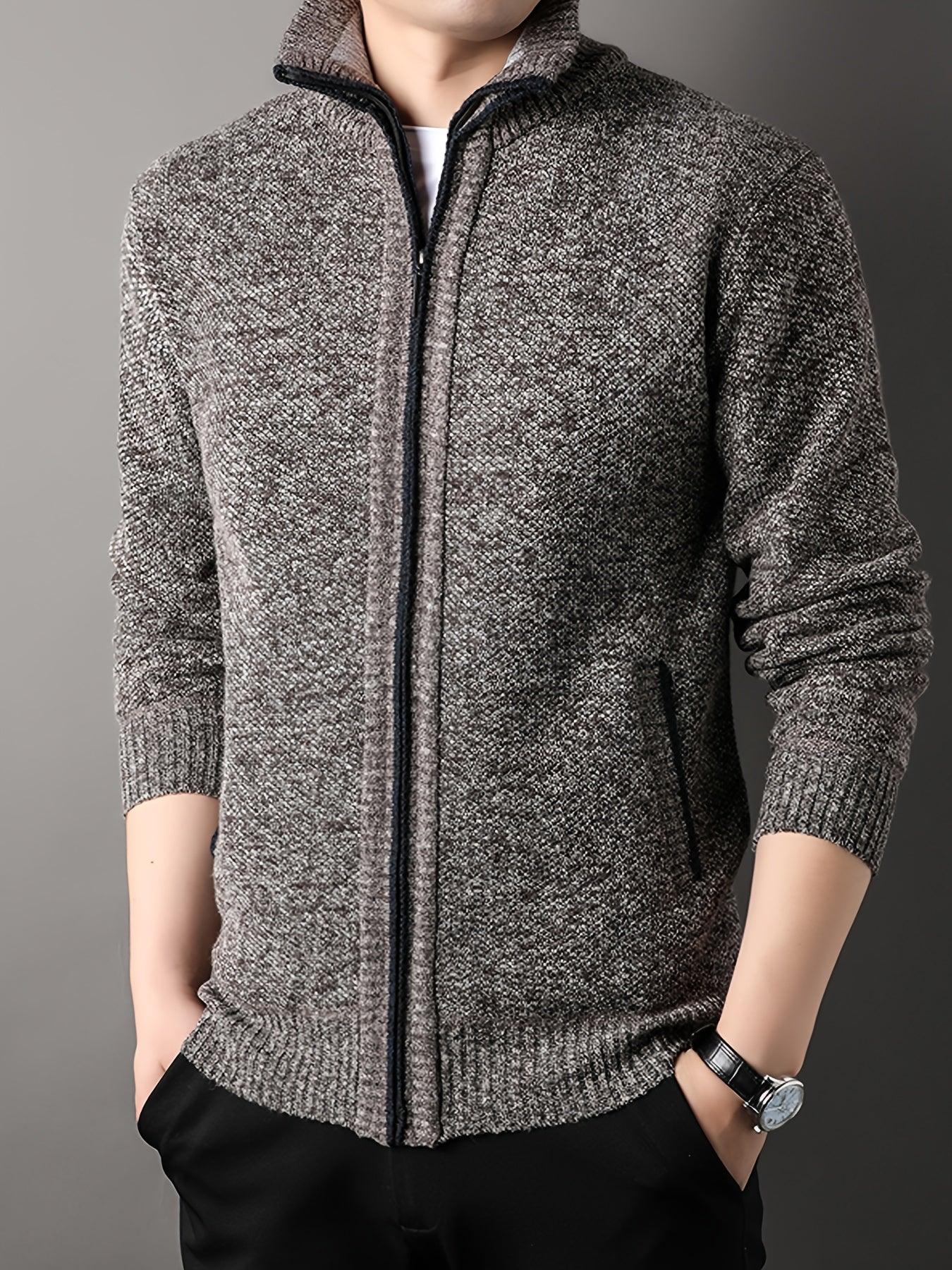 Men'S Thick Fleece Zip-Up Cardigan - Casual Long Sleeve Knit Sweater with Stand Collar, Solid Color, Regular Fit for Fall/Winter, Comfortable Layering Piece, Winter Cardigan, Autumn Outerwear, Modern Casualwear, Durable Fabri