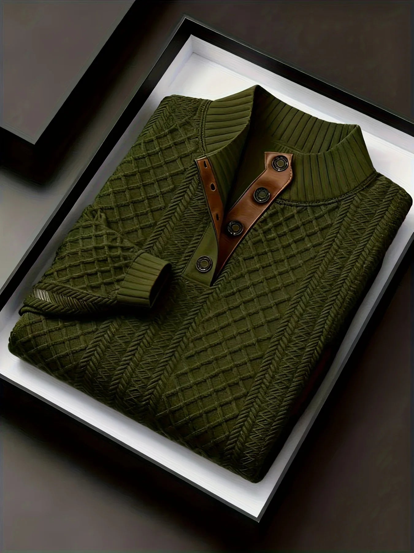 Men'S Autumn-Winter Christmas Stand Collar Jacquard Knit Sweater | Casual Style, 280g/m², High Collar, Button Details, Suitable for Outdoor Leisure and Holiday Gifts