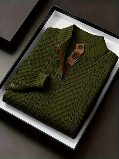 Men'S Autumn-Winter Christmas Stand Collar Jacquard Knit Sweater | Casual Style, 280g/m², High Collar, Button Details, Suitable for Outdoor Leisure and Holiday Gifts