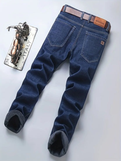Men'S Heavy-Duty Thermal Faux Denim - Winter Warmth Thickened Pants with Straight-Leg Fit, Classic Blue Washed Look for Work, Casual & Formal Outfits - Non-Stretch Faux Denim for Cold Weather (Fall/Winter), Winter Faux Denim,