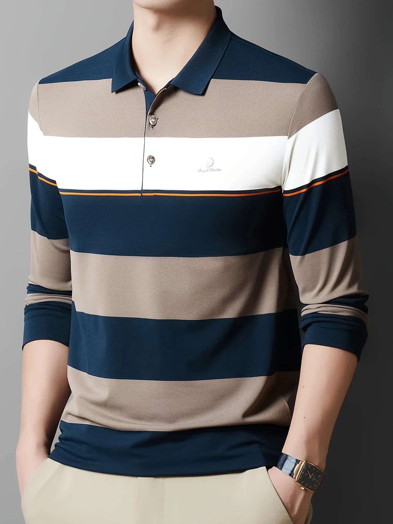 Men'S Long Sleeve Shirt - Formal & Casual Button-Up Shirt with Dark Green & Beige Horizontal Stripes, Button-Front Placket, Non-Stretch Fabric for Office, Golf, Casual Attire - Spring/Fall Wardrobe Essential, Spring Fashion,