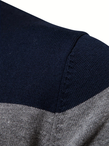 Men'S Thermal Stand Collar Sweater - Winter Knit Sweater with Zipper Closure, Black/Blue/Gray Horizontal Stripes, Regular Fit Pullover for Cold Weather, Formal & Everyday Outfits - Easy Care Sweater for Men, Sweater Zip Up, C