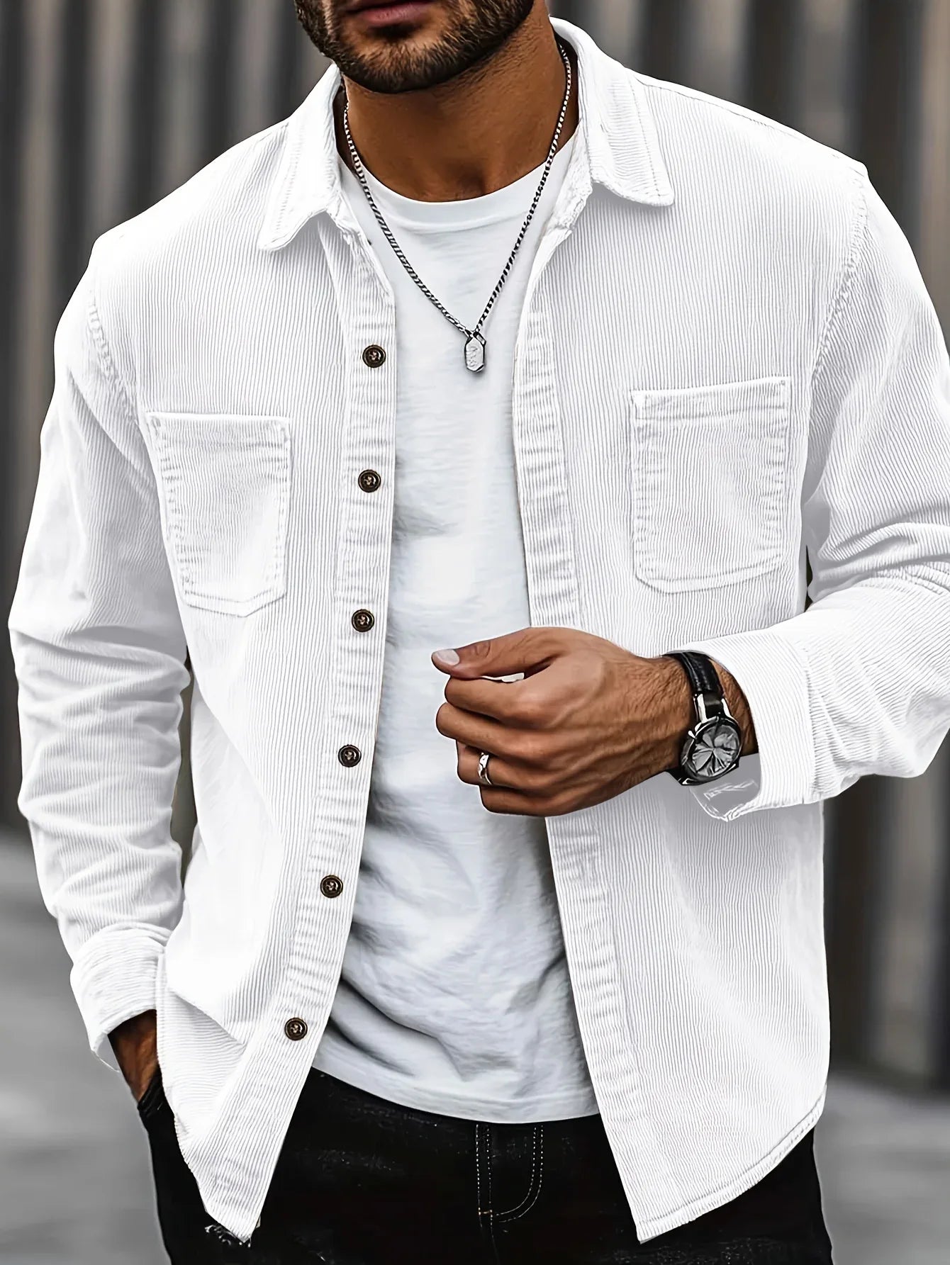 Men'S Corduroy Casual Shirt Jacket - Classic Collar, Button-Up Long Sleeve with Double Chest Pockets, Light Blue, Perfect for Spring & Fall, Everyday Fashion, Street Style, and Office Wear