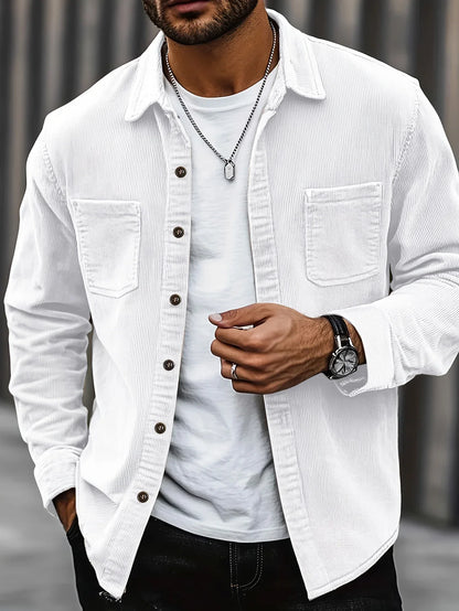 Men'S Corduroy Casual Shirt Jacket - Classic Collar, Button-Up Long Sleeve with Double Chest Pockets, Light Blue, Perfect for Spring & Fall, Everyday Fashion, Street Style, and Office Wear
