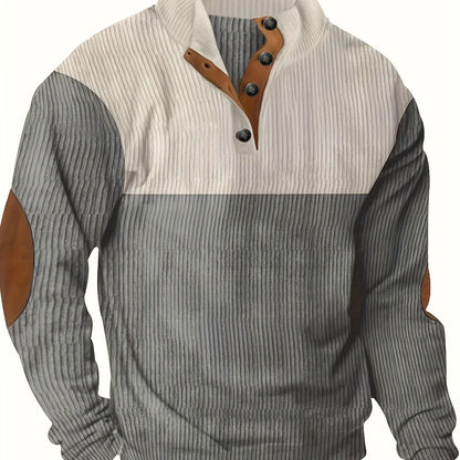 Men's Contrast Color Long Sleeve And Stand Collar Henley Shirt With Patchwork Pieces, Chic And Trendy Tops For Spring And Autumn Outdoors Leisurewear