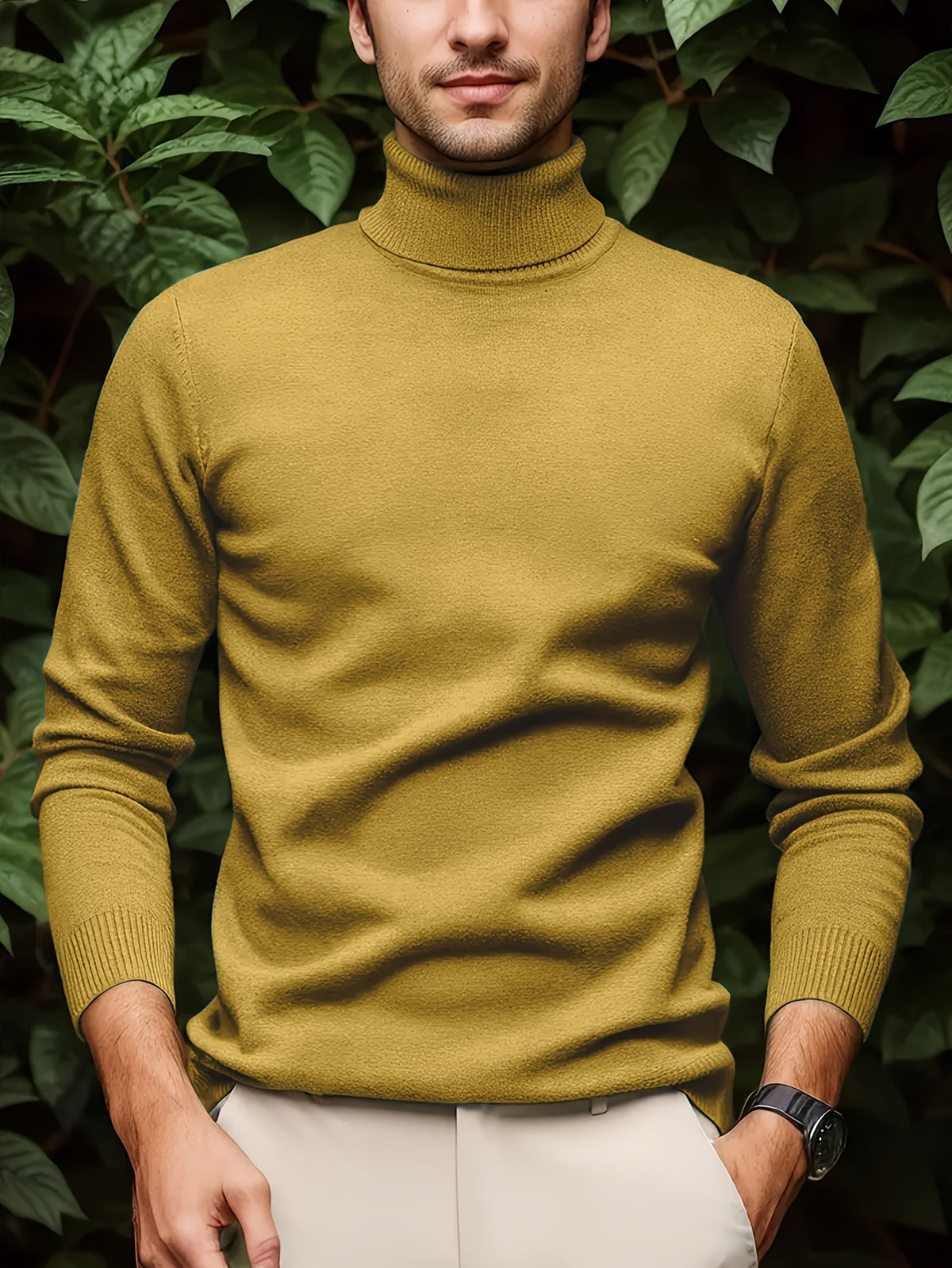 Cross-border New Autumn-Winter Men's Solid Color Turn- Collar Pullover Knit Sweater