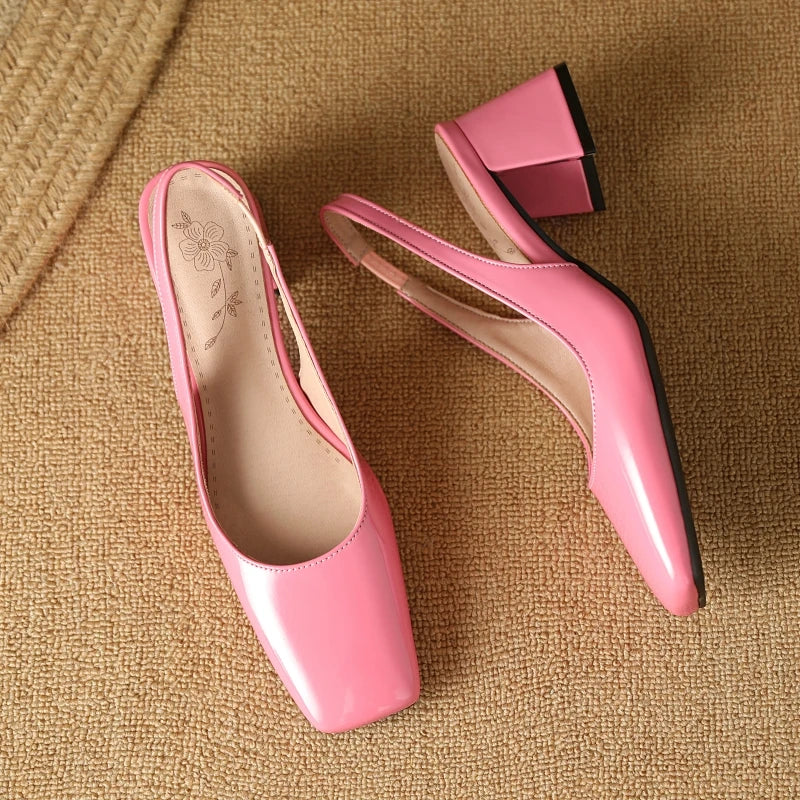 Apricot patent leather slingback medium heels, studio view