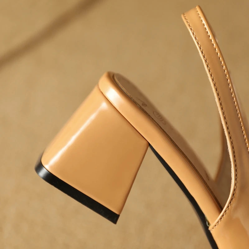 Apricot patent leather slingback pumps, side view