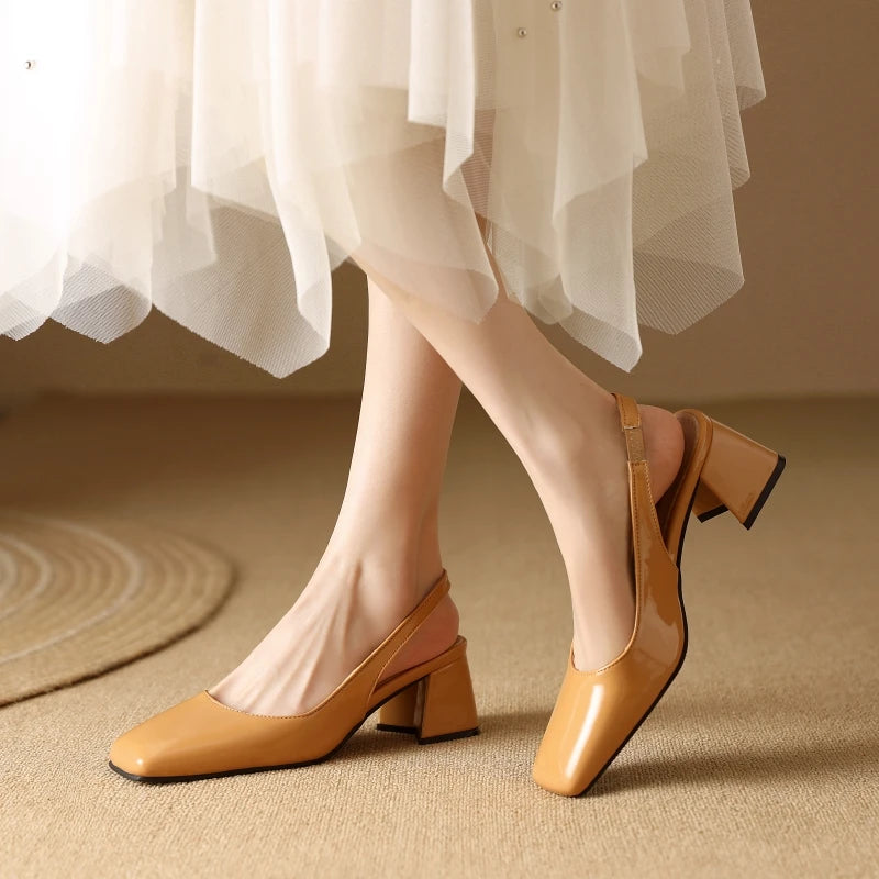 Apricot patent leather slingback pumps with closed toe, medium heel