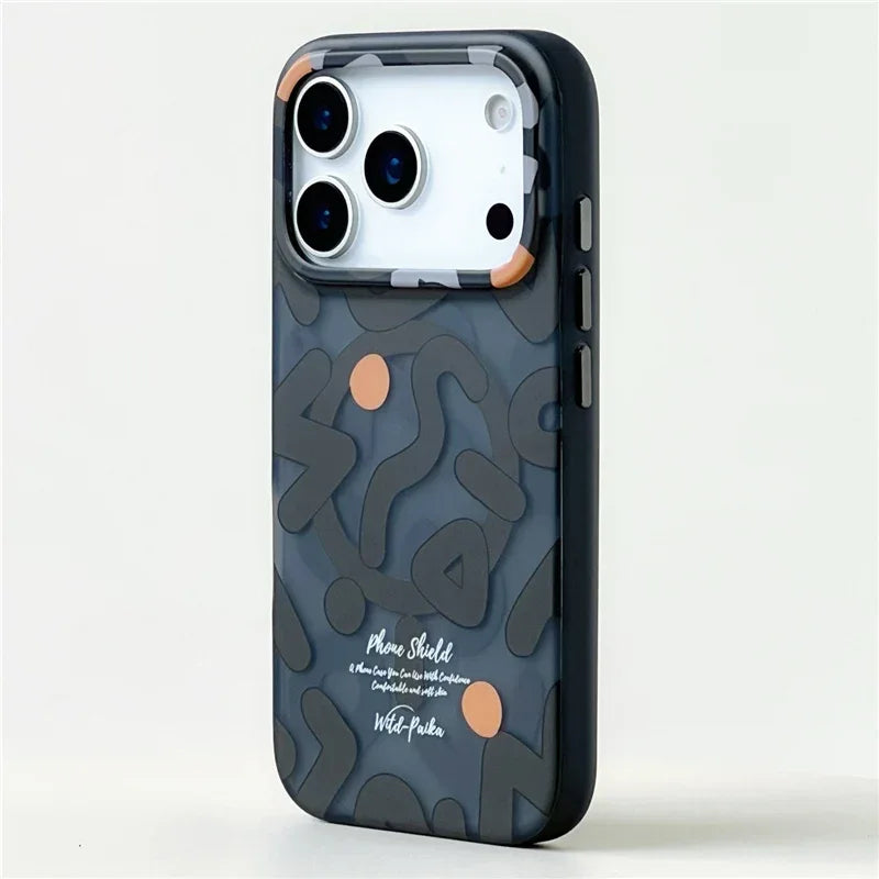 Back view of dark gray graffiti iPhone 17 MagSafe case with gold accent