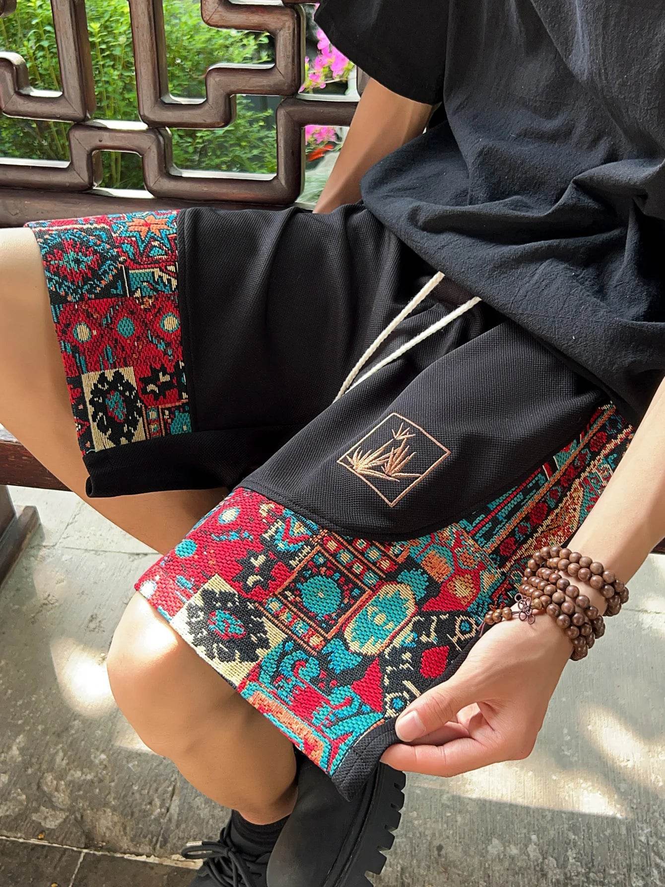 Ethnic Patchwork Drawstring Shorts - Montero Milan