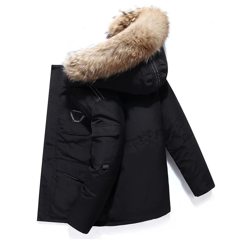 Black men’s down parka jacket displayed flat with hood, front angle