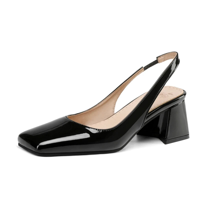 Black patent leather slingback pumps