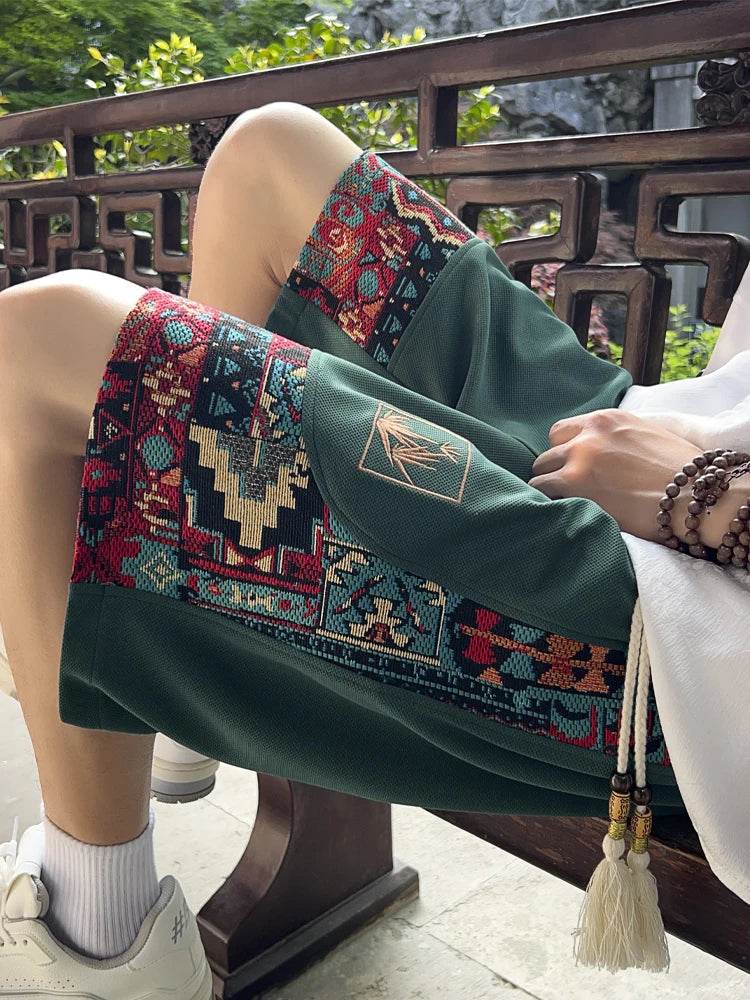 Ethnic Patchwork Drawstring Shorts - Montero Milan