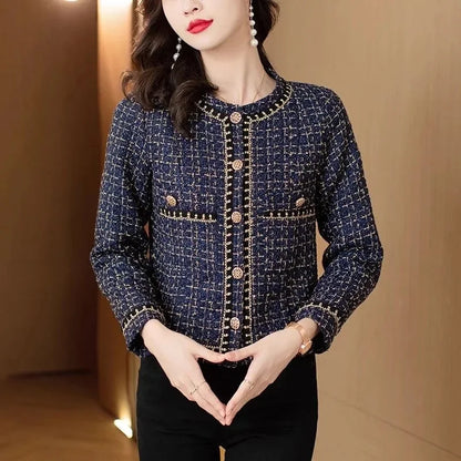 Half-body view highlighting structured silhouette of women’s tweed jacket