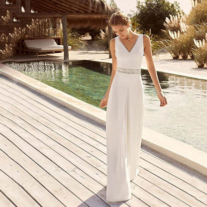 Women's Solid Color Casual V-neck Backless Jumpsuit - Montero Milan