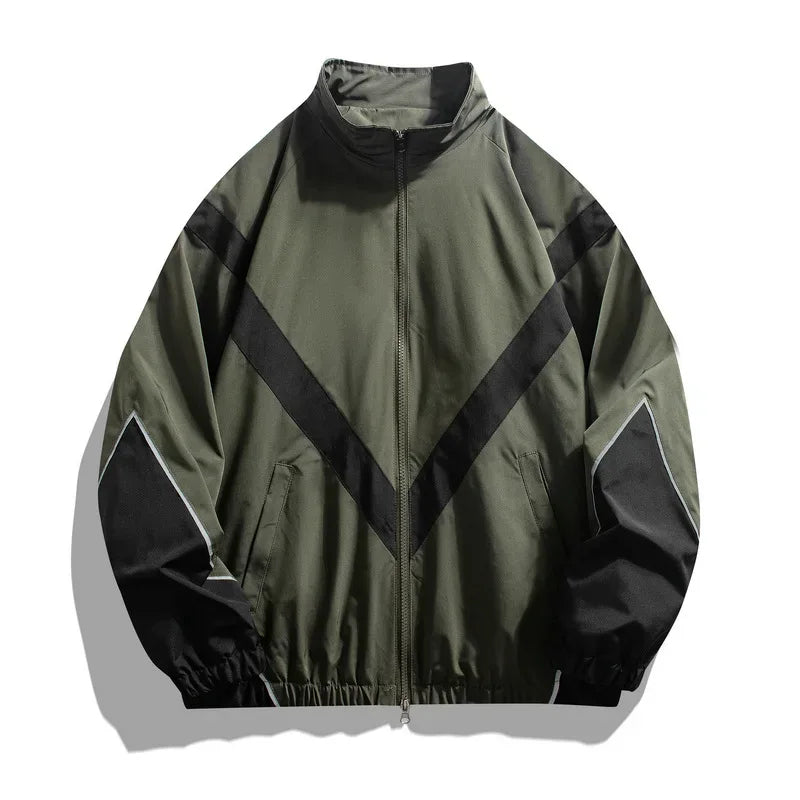 Olive green windbreaker reflective sports jacket with dark contrast stripes