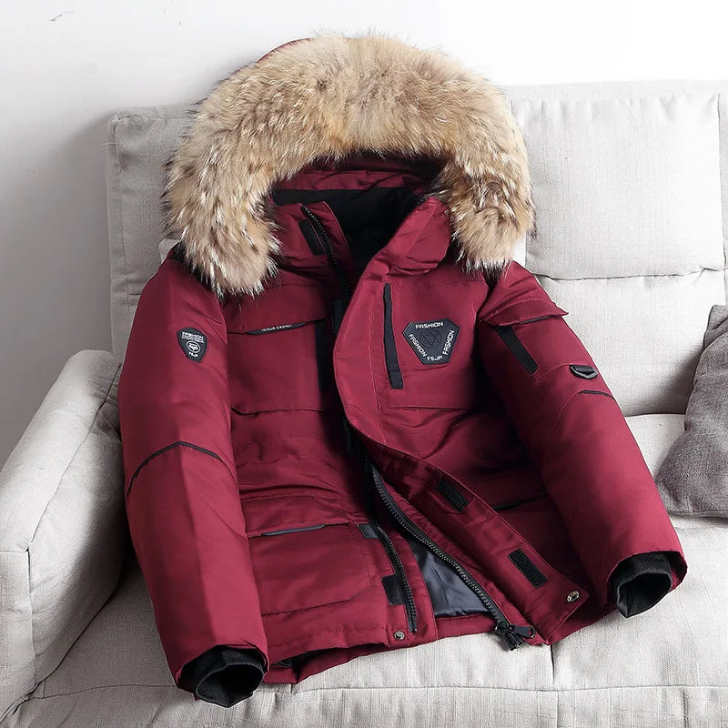 Red men’s down parka jacket with faux-fur hood, back angle view
