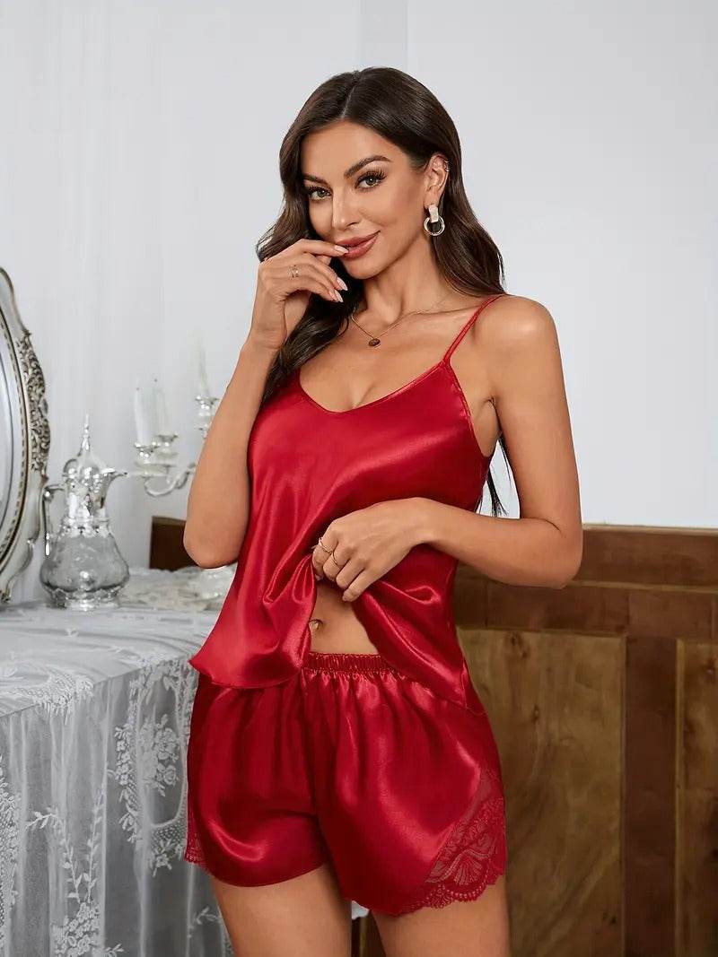 Solid Satin Lace Pajama Set - Montero Milan