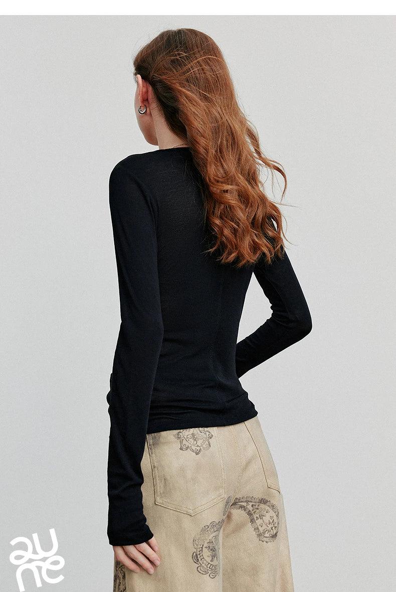 TOYOUTH Women T-shirt  2025 Autumn New Slanted Hem Lyocell Wool Slim Fit Long Sleeve Base Tops