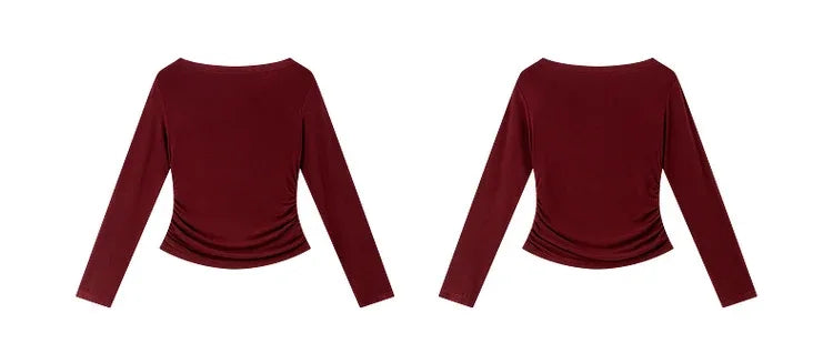 VIMLY Tops Woman 2025 Autumn French Slash Neck Long Sleeve Ladies T-shirts Casual Knitted Slim Fit Strecth Female Tees A3039