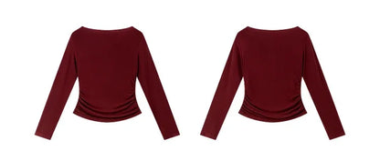 VIMLY Tops Woman 2025 Autumn French Slash Neck Long Sleeve Ladies T-shirts Casual Knitted Slim Fit Strecth Female Tees A3039