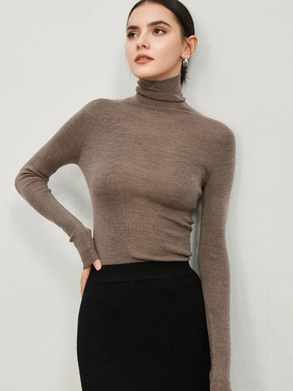 SuyaDream, Women Turtleneck Pullovers, 100%Merino Wool, High Collar, Whole Garment Sweaters, 2025 Fall Winter Slim Warm Top