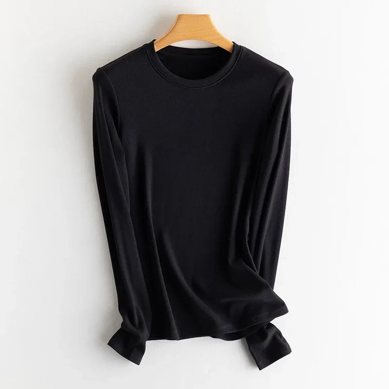 SuyaDream, Women Bottoming T Shirt, Silk Viscose Blend, Long Sleeves, Solid Basic Thermal  Shirt, 2024 Autumn Winter Top