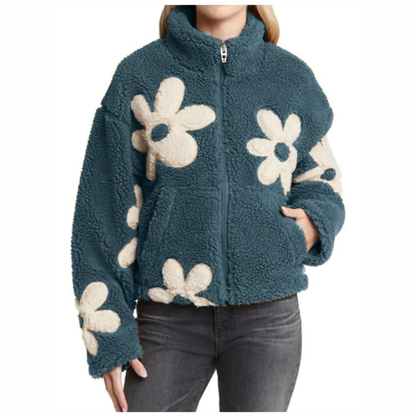 Womens Floral Fleece Jackets Winter Zipper Cropped Coat Casual Long Sleeve Outwear With Pockets Cute Plush Jacket For Women