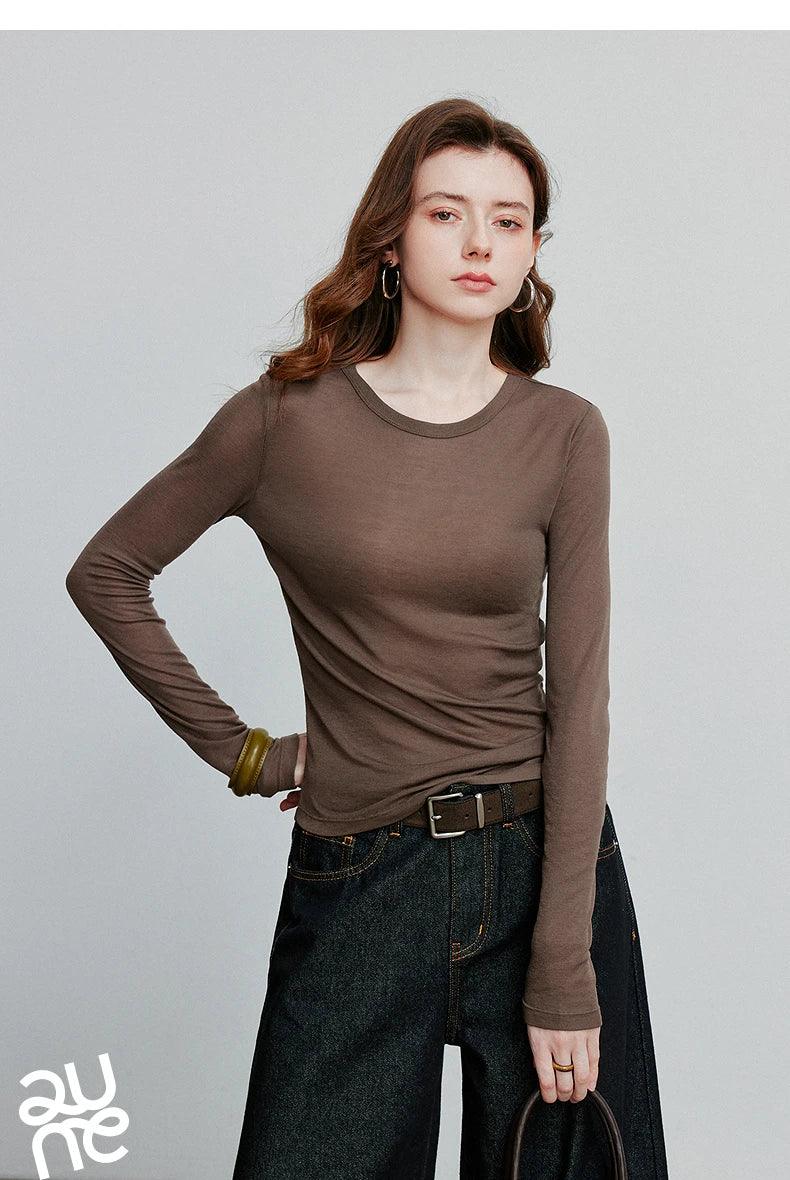 TOYOUTH Women T-shirt  2025 Autumn New Slanted Hem Lyocell Wool Slim Fit Long Sleeve Base Tops