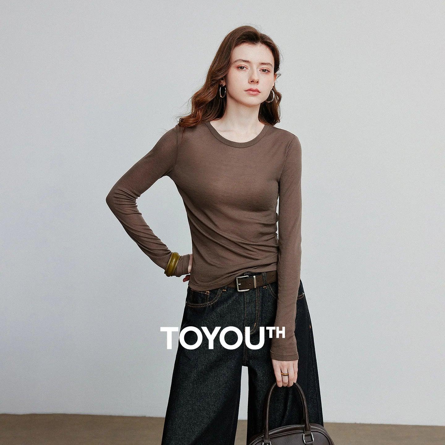TOYOUTH Women T-shirt  2025 Autumn New Slanted Hem Lyocell Wool Slim Fit Long Sleeve Base Tops