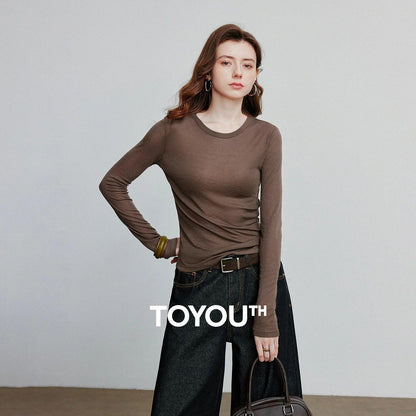 TOYOUTH Women T-shirt  2025 Autumn New Slanted Hem Lyocell Wool Slim Fit Long Sleeve Base Tops
