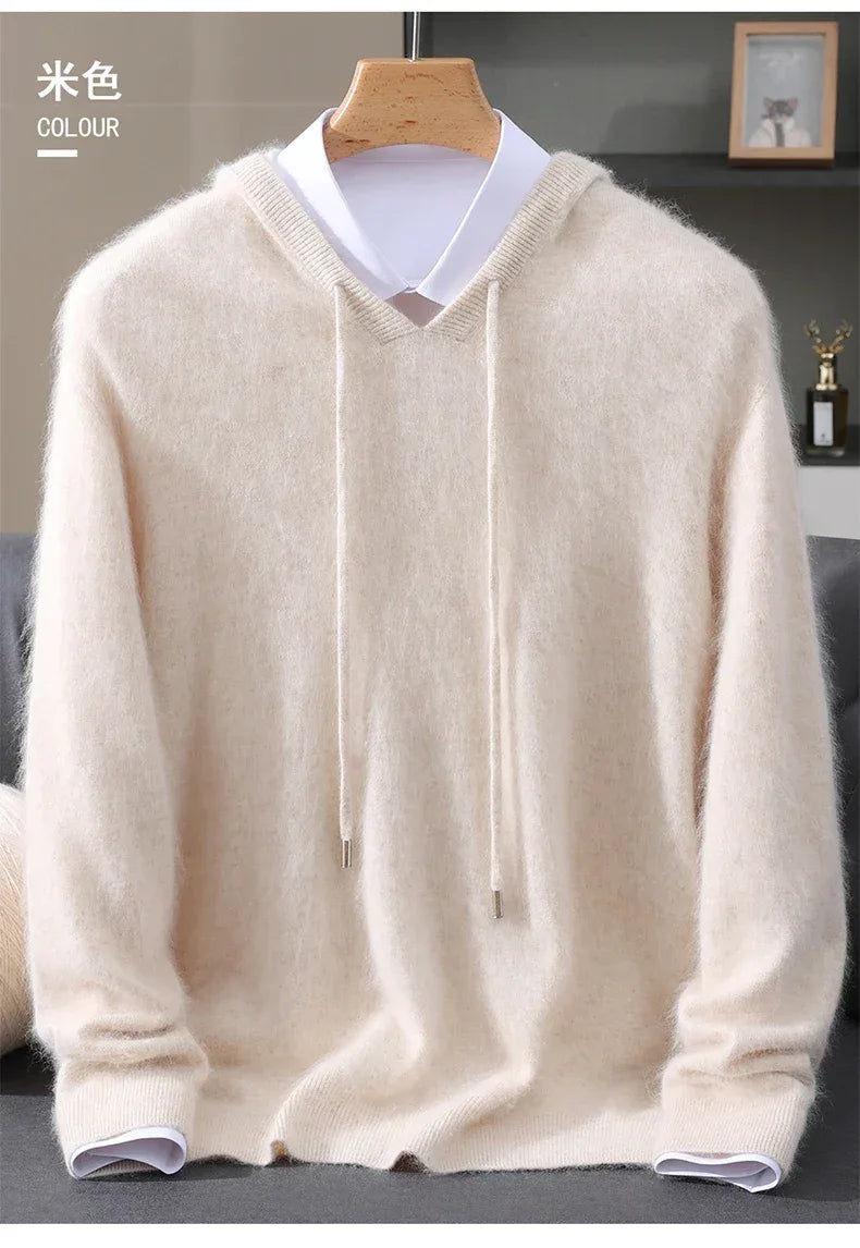 Men's Clothing: 100% Pure Mink Cashmere Knitted Sweater Casual And Loose Large-Sized Hooded Pullover Autumn Winter New Products