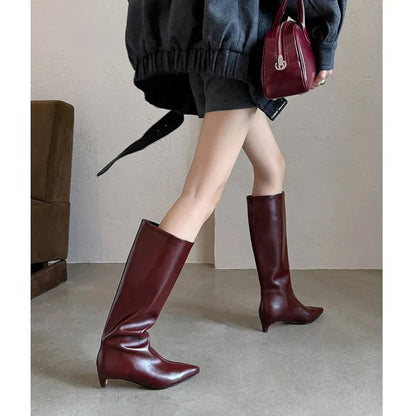 QUTAA News Fashion Winter Women Knee High Boots Pointed Toe Woman Shoes Low Kitten Heels Cow Leather Long Boots Dress Size 34-43