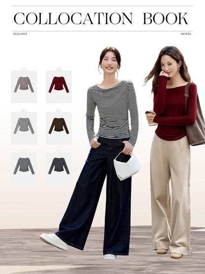 VIMLY Tops Woman 2025 Autumn French Slash Neck Long Sleeve Ladies T-shirts Casual Knitted Slim Fit Strecth Female Tees A3039