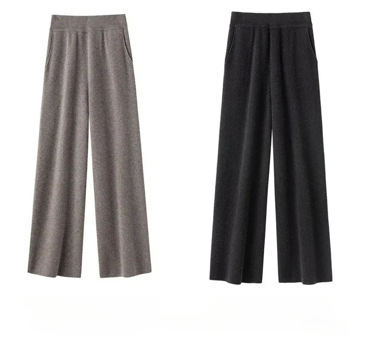 Elegant Pure High Waist Drooping Wide-Leg Pants Women's Outer Wear with Pockets Baggy Straight Trousers Knitted Mop Trousers