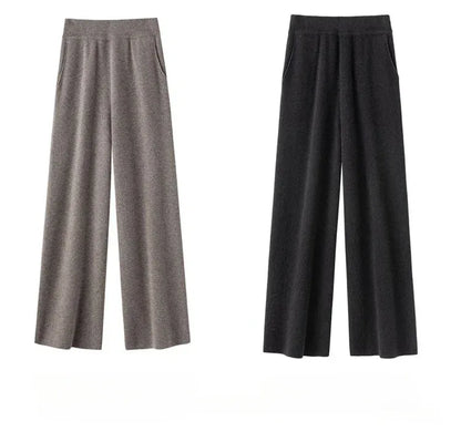 Elegant Pure High Waist Drooping Wide-Leg Pants Women's Outer Wear with Pockets Baggy Straight Trousers Knitted Mop Trousers