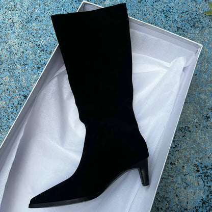 QUTAA Fashion Winter Women Knee High Boots Cow Suede Autumn Shoes Pointed Toe Buckles Chunky High Heels Motorcycle Boots 34-43