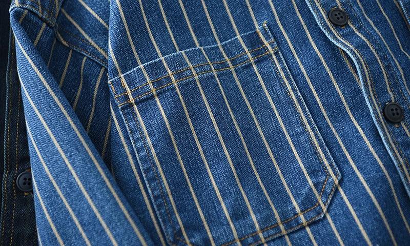 Retro Japanese Sle Men's Denim irt Cotton Long Sve Waed Striped Workwear Loose Fit Outerwear Faion Urban Youth
