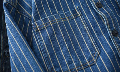 Retro Japanese Sle Men's Denim irt Cotton Long Sve Waed Striped Workwear Loose Fit Outerwear Faion Urban Youth
